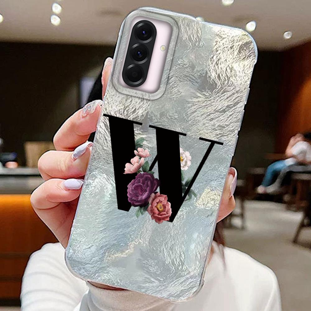 Black A-Z Letter Flower Laser Gradient For Samsung Galaxy A16 A36 A56 Phone Cases Cover Silicone Clear Soft Protect Back Bumper Hard PC Back Cover