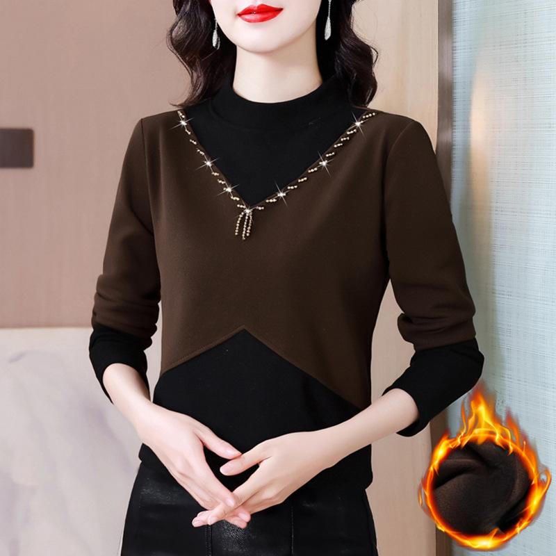 Winter Base Shirt for Women with Thick Contrasting Half-turtleneck Top Long Sleeve T-shirt Fashionable Shirt