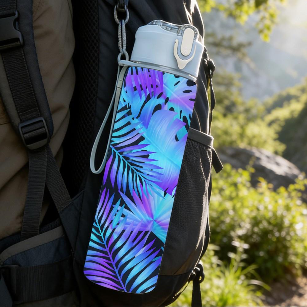 1PC Tropical Blue Palm Leaf Art 750ml Color Plastic Sports Water Bottle Leakproof Flip Straw Lid Suitable for Sports Office Home Use