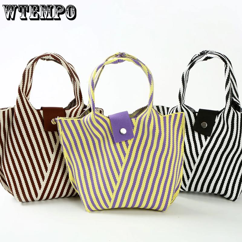 

WTEMPO Simple Striped Niche Design Knitted Single-shoulder Tote Bags Women s Commuting Bucket Bags Large Capacity Versatile Bags 1pc чорний
