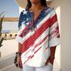 Women's Fashion Casual Button V-Neck Cotton And Linen Independence Day Printed Seven Sleeve T-Shirt Top