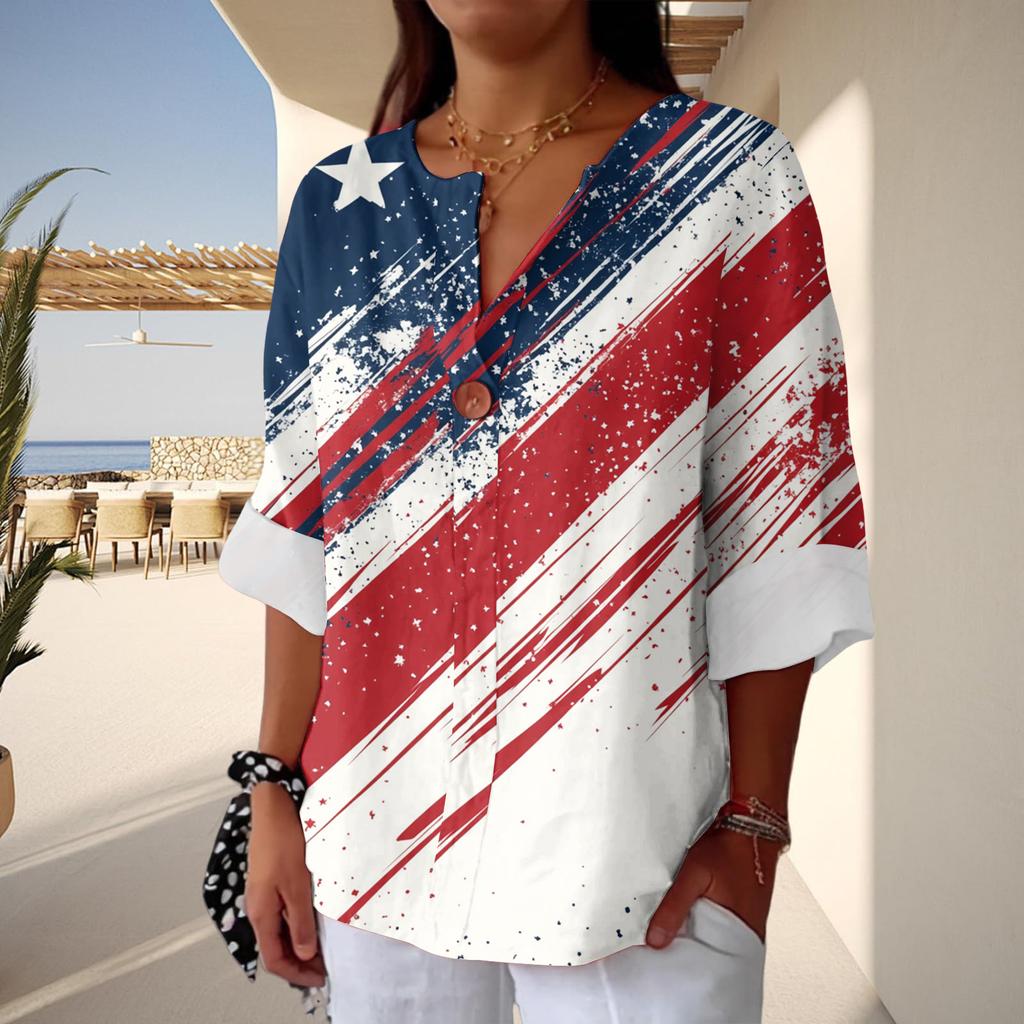 Women's Fashion Casual Button V-Neck Cotton And Linen Independence Day Printed Seven Sleeve T-Shirt Top