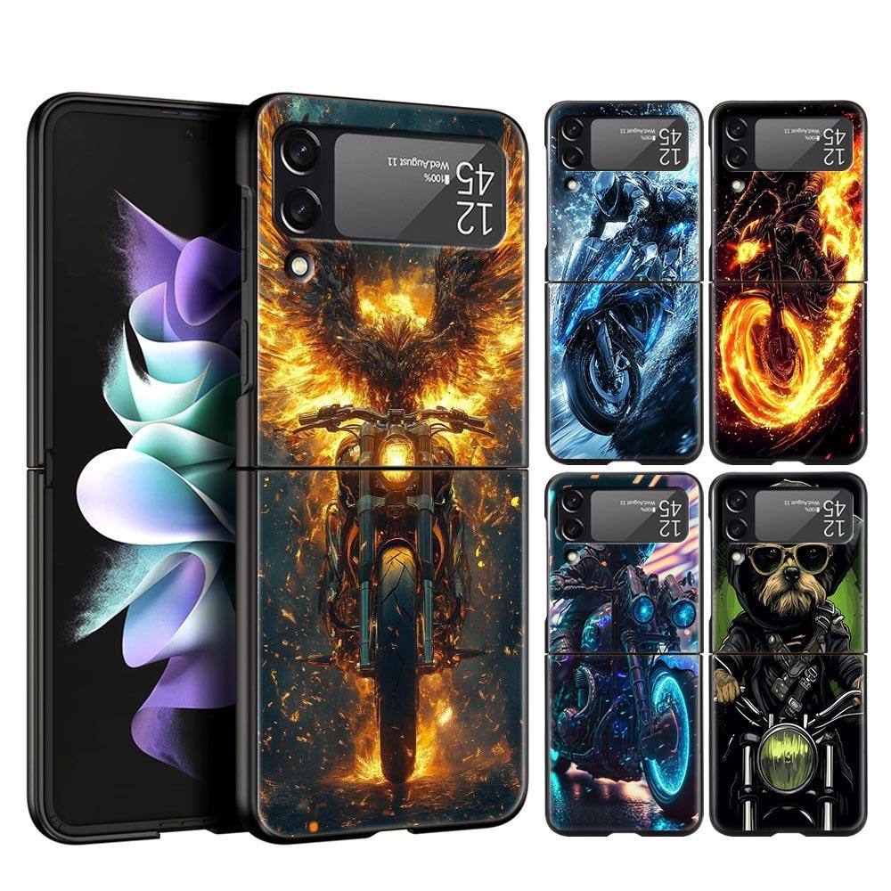 Motorcycle Hard PC Phone Case For Samsung Galaxy Z Flip 7 6 5 4 Black Cover For Galaxy Z Flip 3 Foldable Fundas Shell Capas Bags