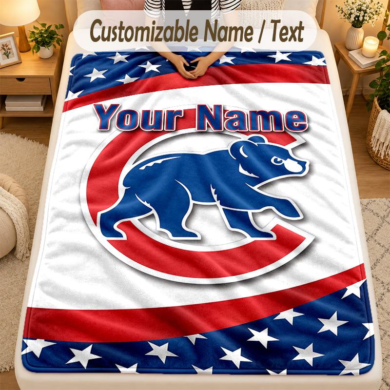 Koc FlanelowyChicago Cubs Personalizowany Tekst z Imieniem Miękki Ciepły Koc Rzutowy Wystrój Domu Prezent