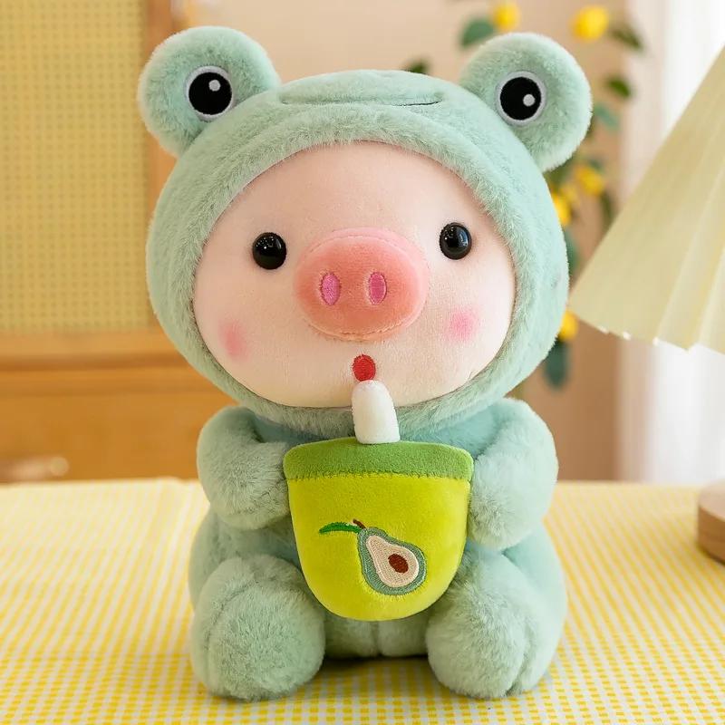 Cute Milk Tea Pig Plush Toy - Cartoon Animal Transformation Stuffed Doll, Kawaii Frog Plushie, Soft Hugging Pillow Gift