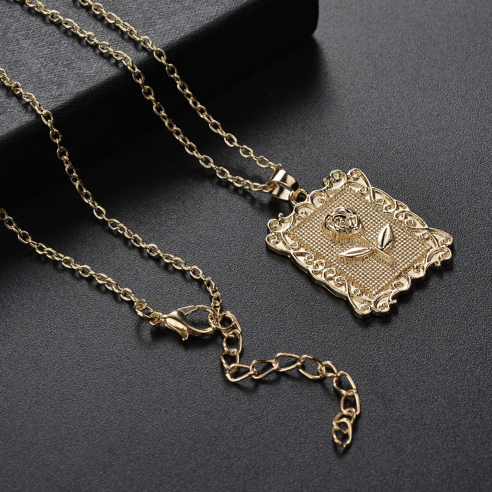 Retro Geometric Square Rose Flower Necklace Sweater Chain - European & American Jewelry Collection