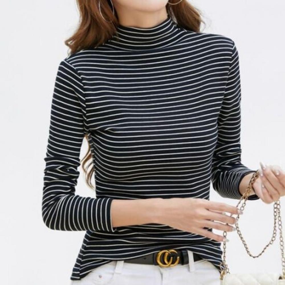 Navava Men S NT3023 STriped Mock Neck Long Sleeve T ShirT