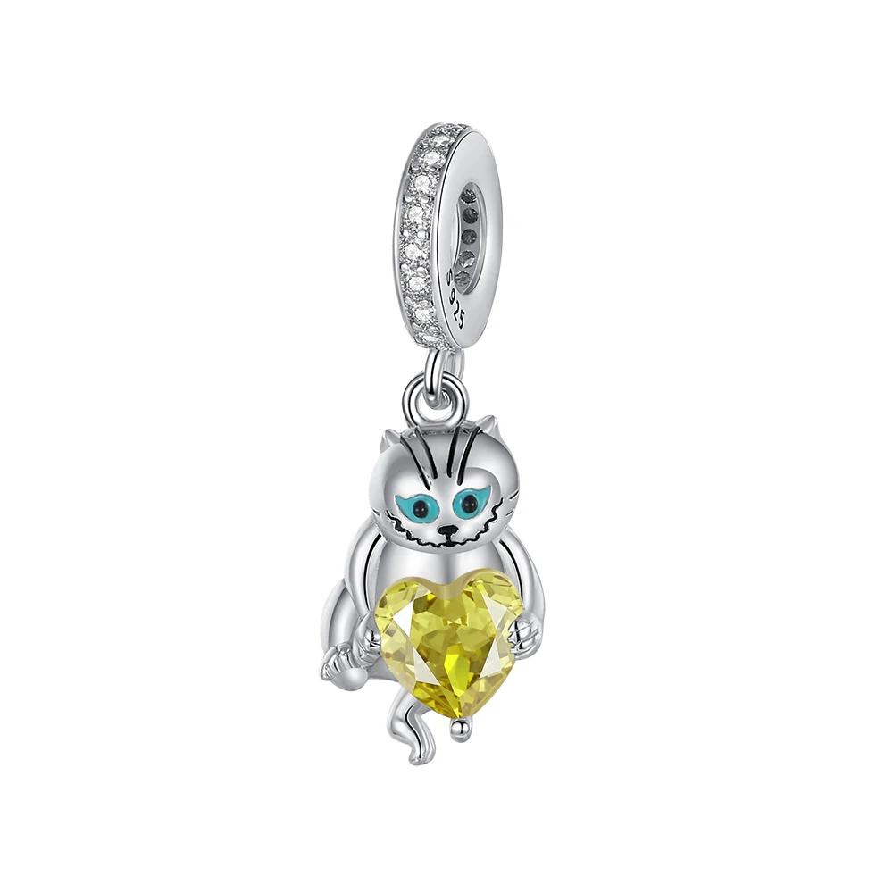 Classic Charms Original Copper Yellow Heart Moon Zircon Cat Beads Fit Bracelet Women Jewelry Diy Fine Gifts Accessories