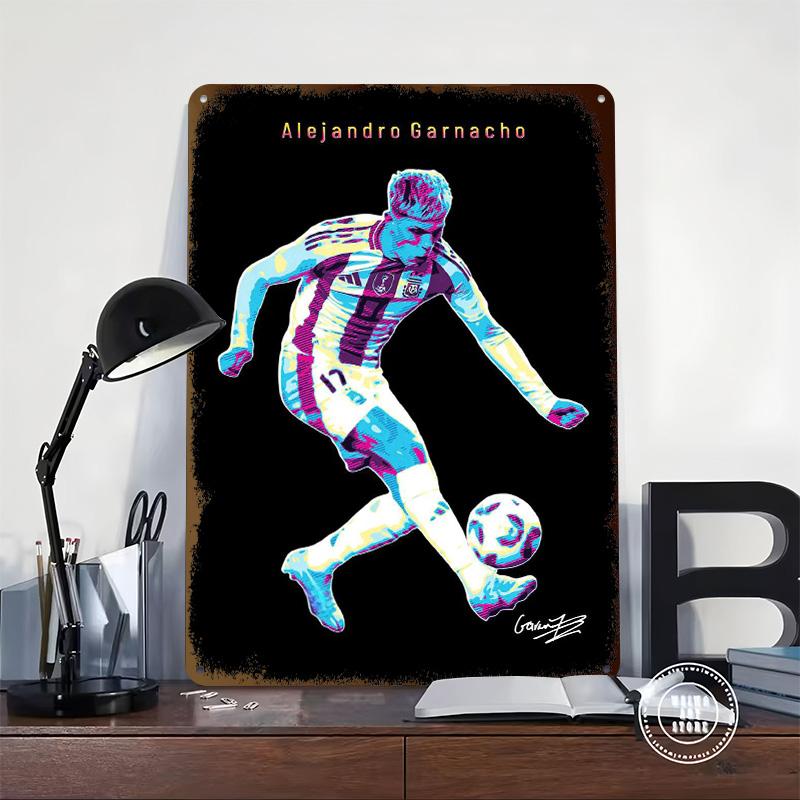 Alejandro Garnacho Football Art Poster Customized Wall Art Vintage Metal Signs Retro Tin Plaque for Man Cave Bedroom Decorations