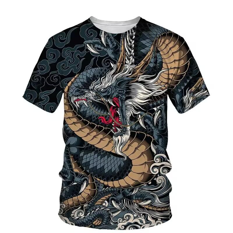 Summer Round Neck 3D Dragon Pattern Print Top Fashionable Casual Short Sleeved Men's T-shirts