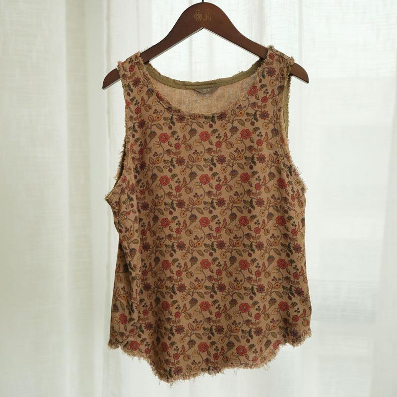 

Johnature женские винтажные майки с цветочным принтом, летние топы без рукавов с круглым вырезом, двойная хлопковая одежда в китайском стиле, майка One Size света кофе