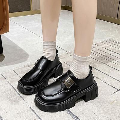 Sapatos pretos versáteis de salto alto com velcro, novos sapatos de plataforma de inverno femininos de sola macia com bico redondo em couro