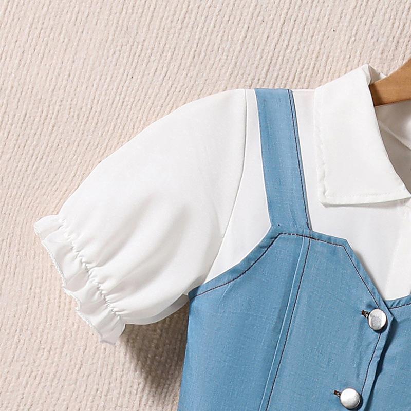 Dívčí módní šaty Léto Dětské Sladké S krátkým rukávem Košile-sukně Skládané Oblečení Džínová Vesta Šaty