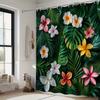 Plumeria Bath Curtain - Tropical Theme, Glossy Leaves, Blooming Flowers,12 Hooks, Machine Washable