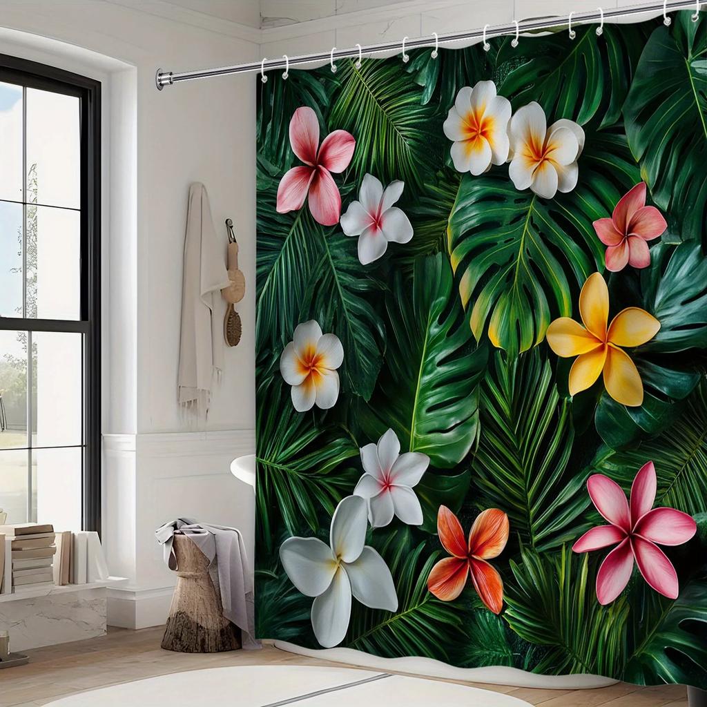 Plumeria Bath Curtain - Tropical Theme, Glossy Leaves, Blooming Flowers,12 Hooks, Machine Washable