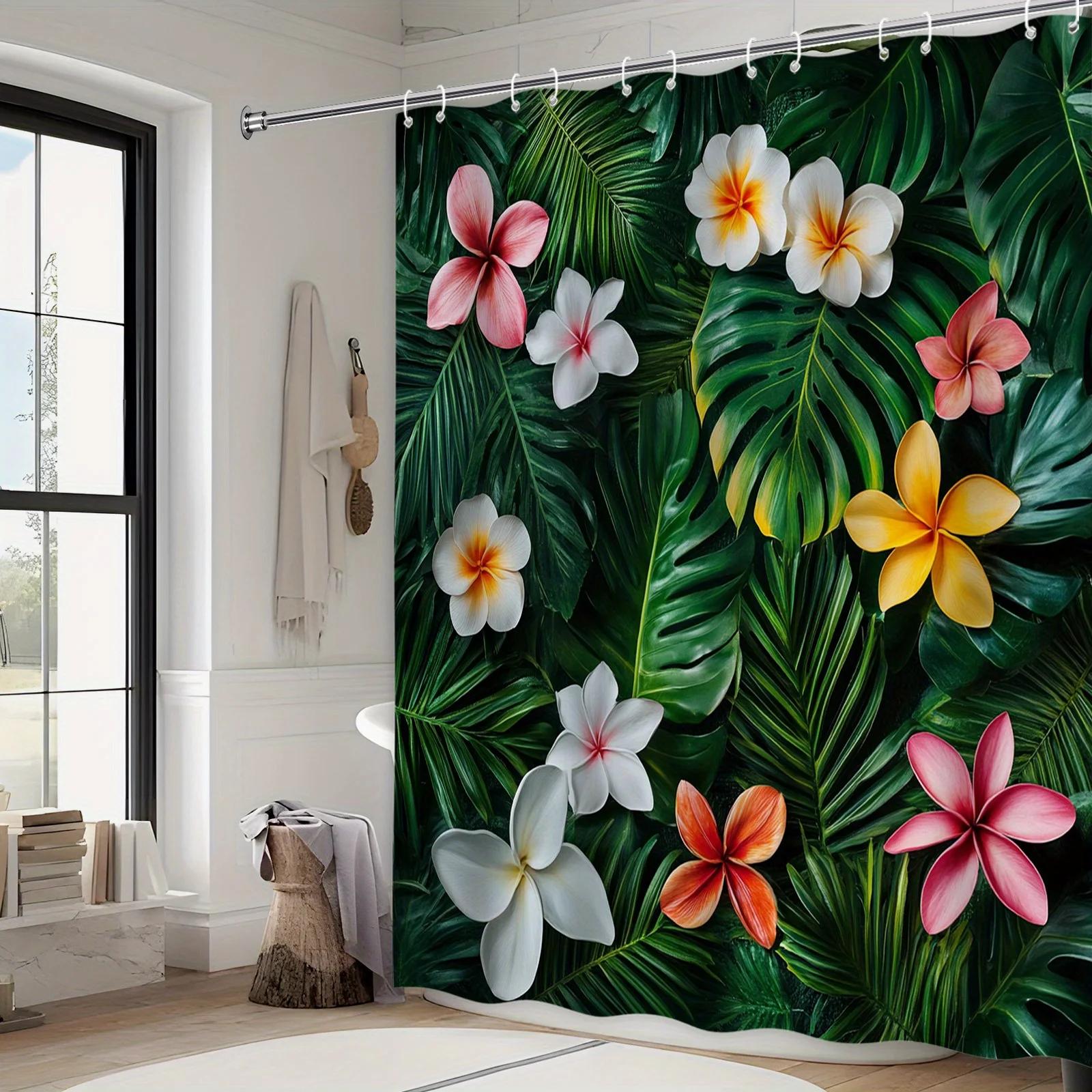 Plumeria Bath Curtain - Tropical Theme, Glossy Leaves, Blooming Flowers,12 Hooks, Machine Washable W90xH180cm