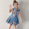 Girls' Sleeveless Denim Dress 2026 Summer Style Floral Print Denim Dress Slim Waist Turn-down Collar Thin Tank Dress Trendy