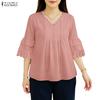 ZANZEA Women Casual V-Neck 3/4 Sleeve Loose Lace Patchwork Blouse