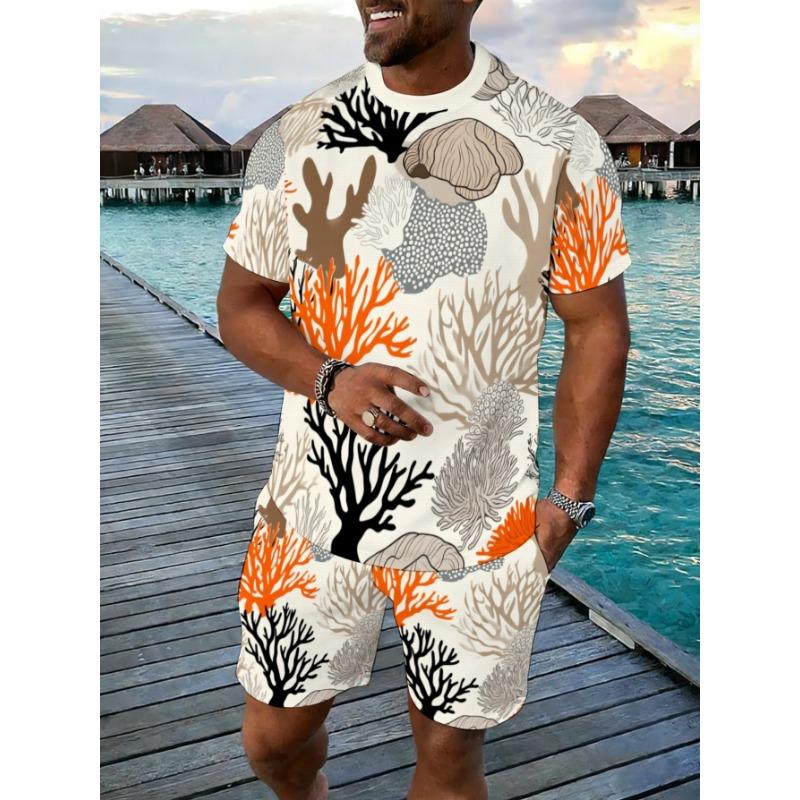 Men s Coral Print Polyester T-Shirt Shorts Set S