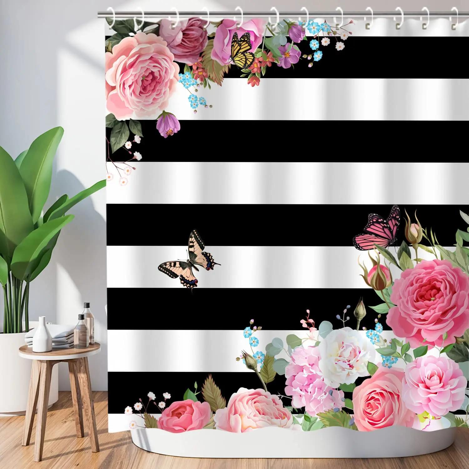 

Pink Rose Shower Curtains 3D Floral Blooming Flower Plant Natural Landscape Garden Romantic Dream Decor Fabric Bathroom Curtain W60H190(CM)-1 Pcs