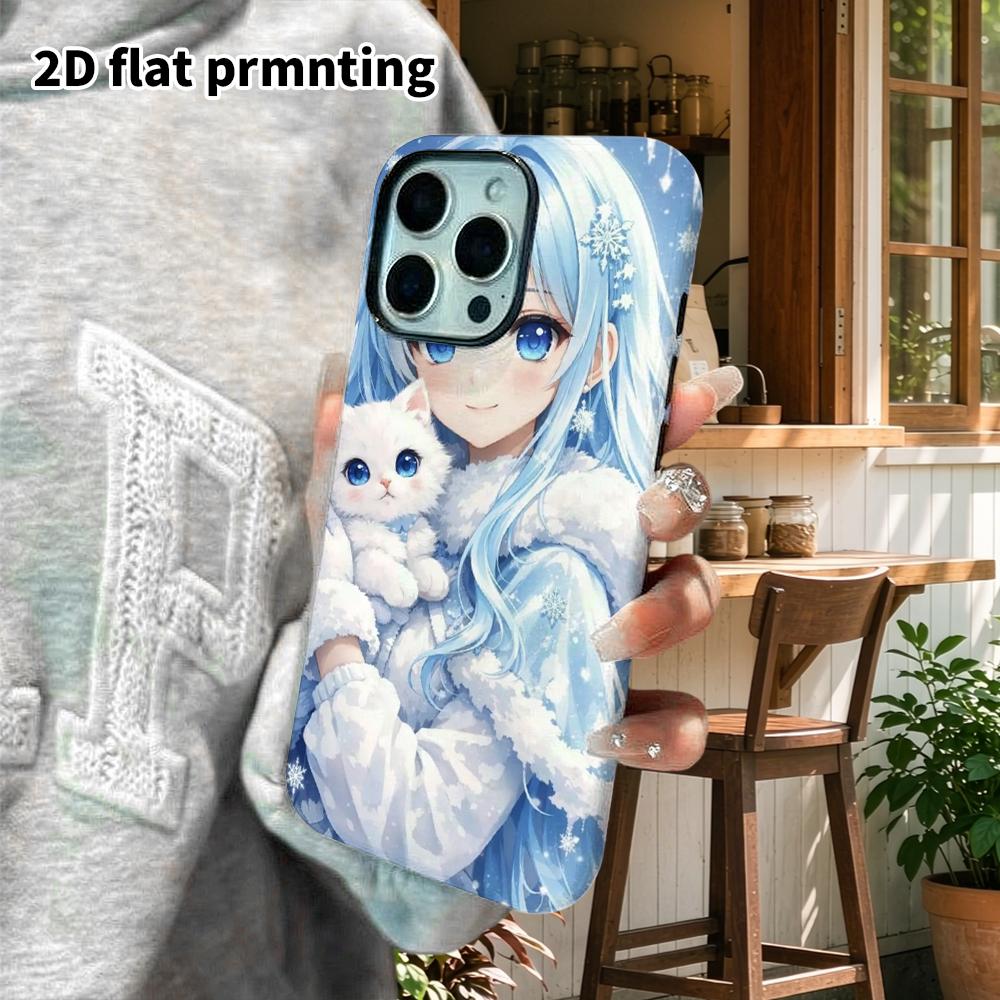 Phone Case: 2D Flat Design Suitable for iPhone 18 17 16 15 14 13 Pro Film Protective Case, Couple Style, Girl with a Little White Cat, Christmas and H