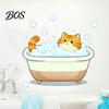Humorous Wall Sticker Cartoon Cat Sticker, Funny Orange Bathing/Licking Decal, Kitchen Decoration Peel And Stick Self-Adhesive PVC Room Mural