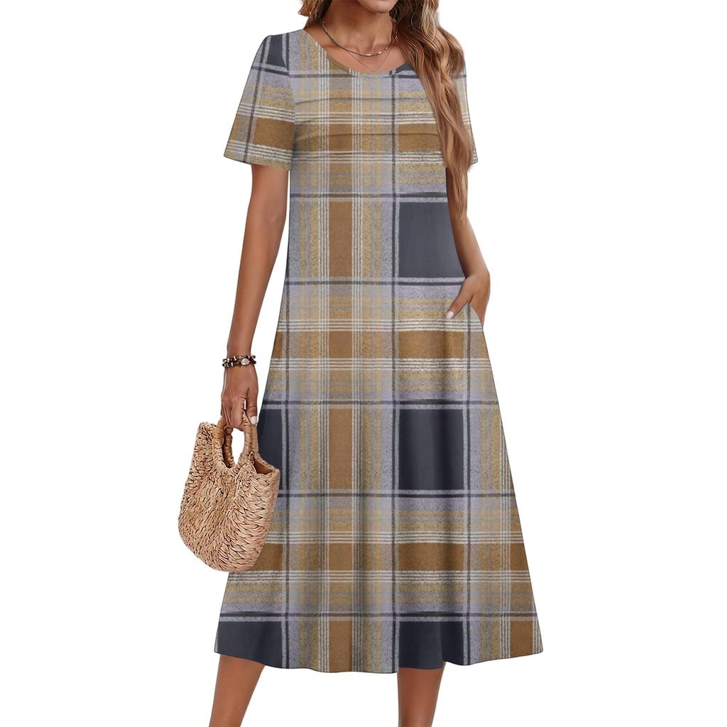 Ladies' Plaid Printed Casual And Fashionable Short Sleeved Round Neck Dress