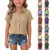 Camisa Feminina Manga Curta Botões Gola Lapela Casual Blusa Tecido Leve Top para Crianças Jovens