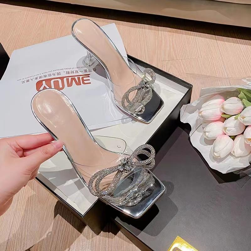 Summer New Style Luxury Sexy Comfortable Banquet Casual Rhinestone Elegant High Heels Bow Women's Slippers Zapatos Mujer