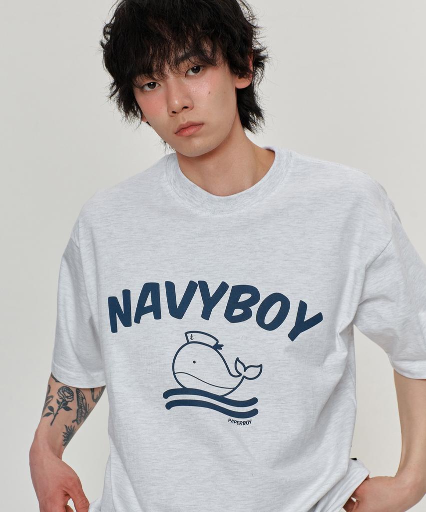 PAPERBOY Navy Boy Short Sleeve T-Shirt - White Melange