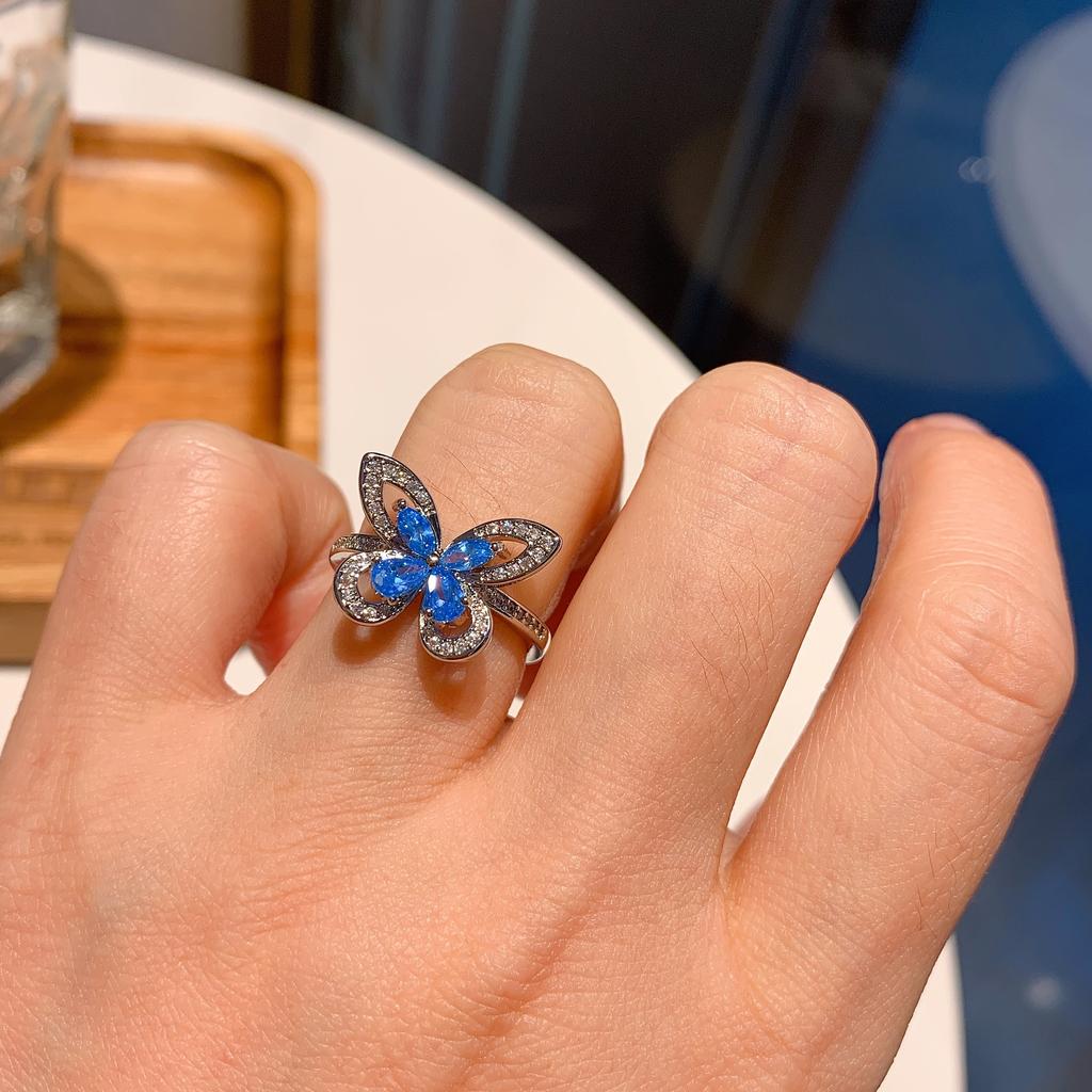 Tiktok Live S925 Silver Needle Sea Blue Butterfly Three Piece Set Bracelet Necklace Ring Earnail Wedding Jewelry