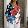 Women's V-Neck Button Three-Quarter Sleeve Casual Independence Day Print Pullover T-Shirt