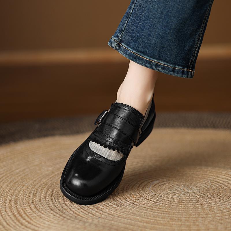 Fashion 2025 New Spring Retro Round Toe Leather Mid-heel Shoes for Women Retro High Heel Street Fashion Casual Shoes Pumps Women Shoes