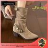 Autumn 2025 Women's Retro Celebrity Stacked Mid-Calf Chunky Heel Cowboy Boots