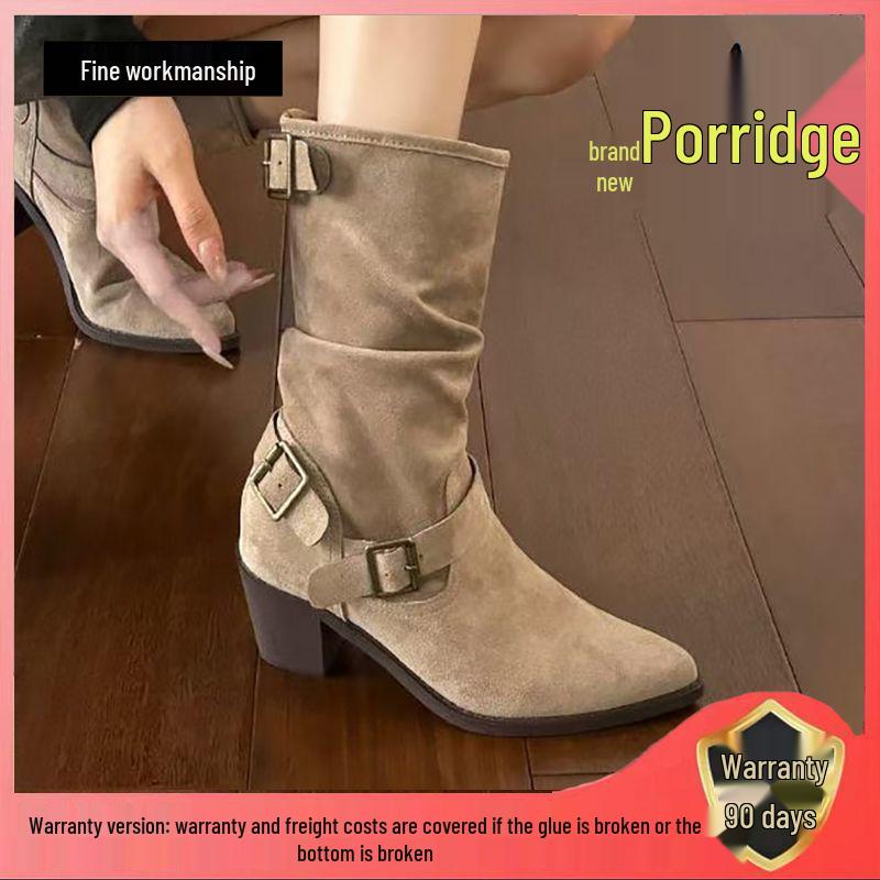 Autumn 2025 Women's Retro Celebrity Stacked Mid-Calf Chunky Heel Cowboy Boots