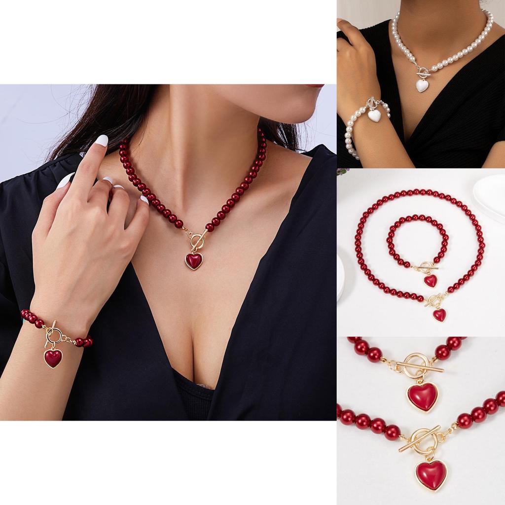Heart Shaped Pearl Necklace And Bracelet Set For Women With Handcrafted Design For Fashionable Office Wear