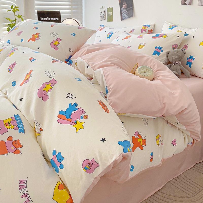 Small Fresh Mattress Quilt Cover Class A Maternal And Infant Grade Cartoon Dormitory Bed Sheet Three-Piece Set Super Soft Washed Cotton 4Pcs Set