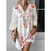 Women's V-Neck Lace Trim Printed Midi Dress, Short Sleeve Casual Floral Summer Dress for Daily Wear
