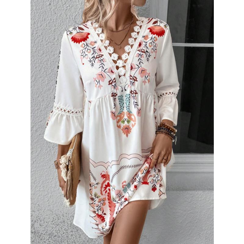 Women's V-Neck Lace Trim Printed Midi Dress, Short Sleeve Casual Floral Summer Dress for Daily Wear