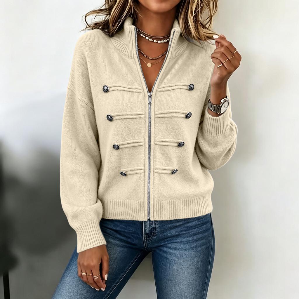 Women's Color Sweater Jacket with Stand Collar and Double Zipper for Casual Wear