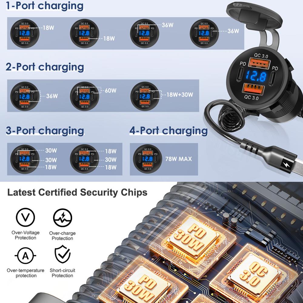 4-Ports USB Quick Chargerwith LED Voltmeter Dual PD And Dual QC3.0 Fast Charge Adapter Waterproof For Car Boat And Motorcycle 12/24V