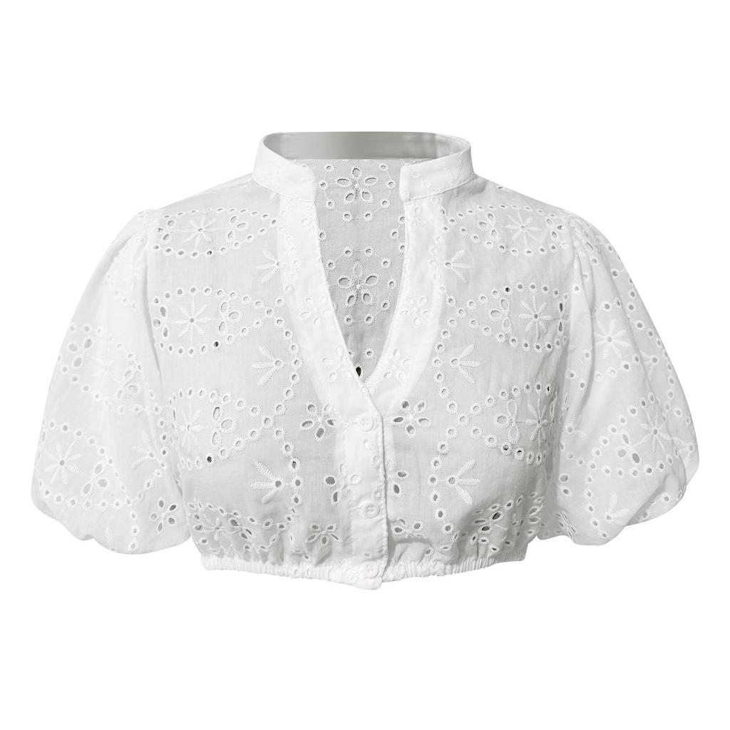 Women's Eyelet Crop Top Button Front Blouse Puff Sleeve V Neck Lightweight Summer Shirt