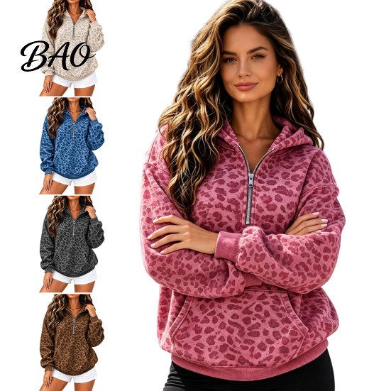 Relaxed Fit Pullover Top Women Leopard Print Hoodie, Oversized Half Zip Hooded Sweatshirt with Spring Autumn Kangaroo Pocket, Fall Long Sleeve Casual