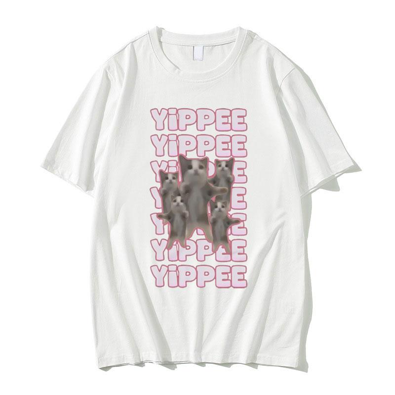 Yippe Funny Cute Happy Cat Jumping Meme Tshirt Summer Unisex Women Fashion Retro Tops T Shirts Oversized Cotton Loose T Shirt