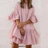Chiffon Losse Effen Kleur High-end Jurk Strandjurk Boheemse Ruffles Jurk Dames Zomer Halve Mouw Knoop Casual