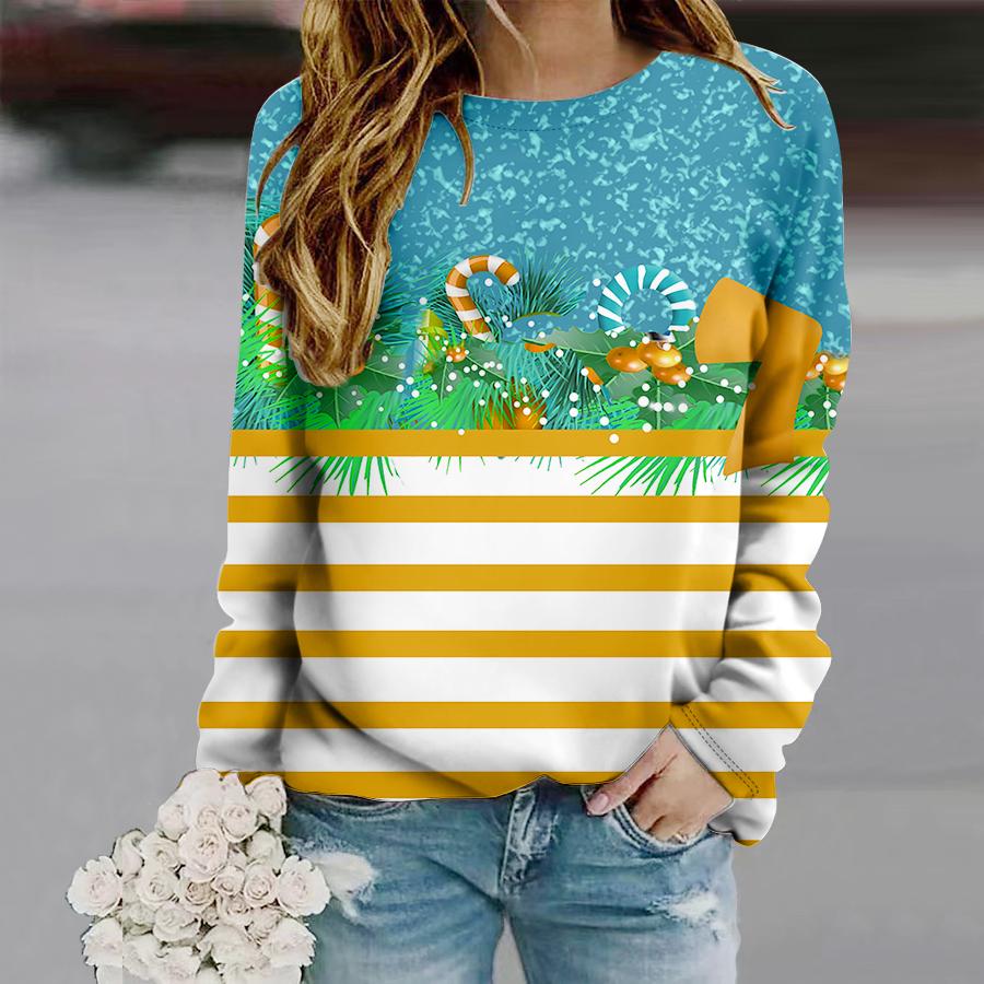 

Tops For Women Christmas Lines Print Round Neck Long Sleeve T-shirt Fall Casual Slim Pullover Women s Long Sleeve Top 8XL