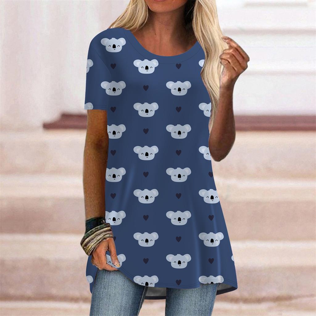 Plus Size Women Summer Blue Bear Printed Comfy Short Sleeve Round Collar T-shirt Casual Baggy Mid Length Tee Tops