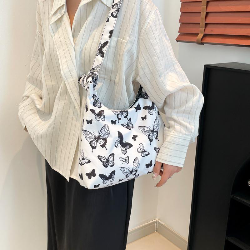 Female New Fashion Casual Nylon Fabric Printed Bow Bag Korean Version Shoulder Bag Beach Tote Bags Women New In Handbag CLE