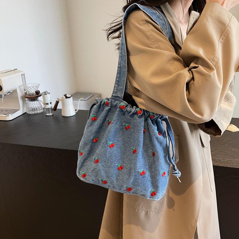 Women's Crossbody Bag Cherry Embroidery Shoulder Bag Commuter Small Tote Bag