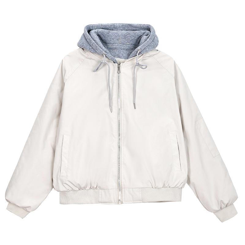 Fake two-piece hooded baseball jacket women's short loose pilot velvet cotton jacket autumn and winter casual top